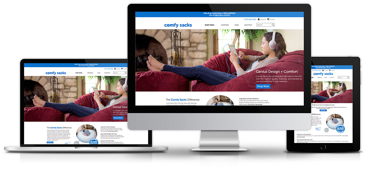 A view of the Comfy Sacks website across multiple browsers and devices