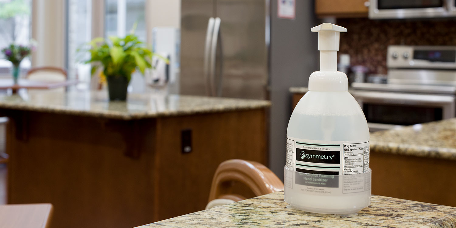 An image of Symmetry Hand Soap Dispenser sitting atop a marble counter