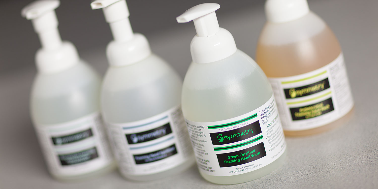 An image of a collection of Symmetry Hand Hygiene products featuring Green Certified Foaming Hand Wash